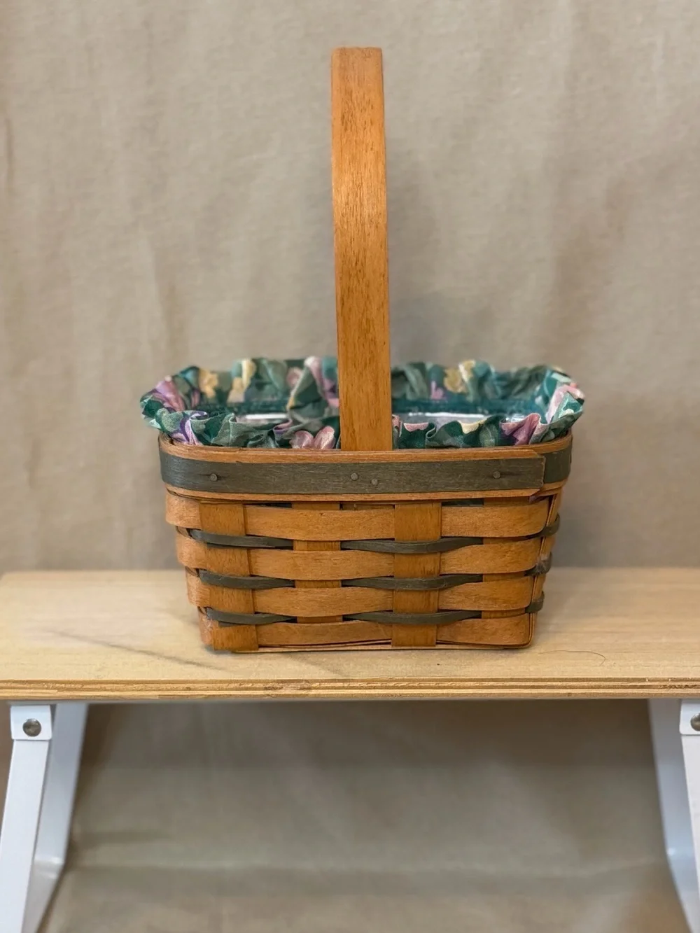 Longaberger Brown Wood Basket with Green Floral Liner